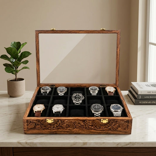 15 Watches - Carving - Glass Top - Black - Elegance Antique Store
