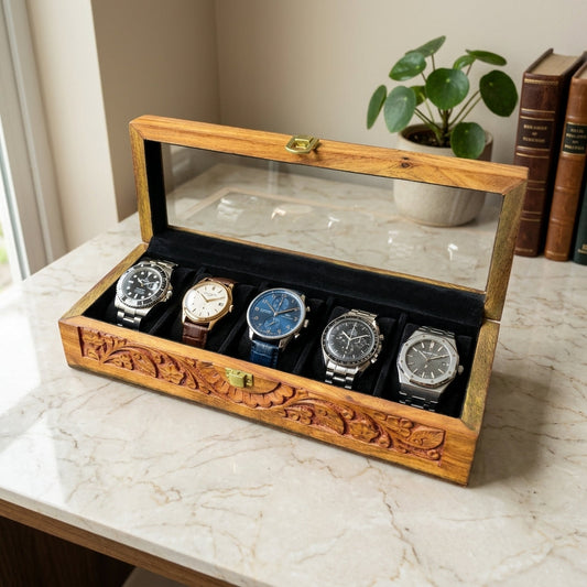 5 Watches - Carving - Glass Top - Black - Elegance Antique Store