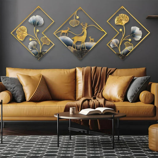 Deer Metal Wall Decor Gold Metal Wall Art 3 Piece Large Metal Art Wall Decor 3D Ginkgo Leaf 78x27in