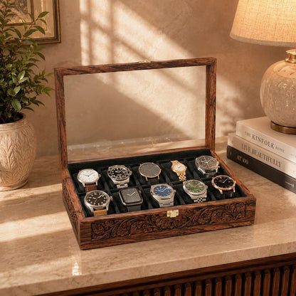 10 Watches - Carving - Glass Top - Black - Elegance Antique Store