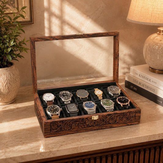 10 Watches - Carving - Glass Top - Black - Elegance Antique Store