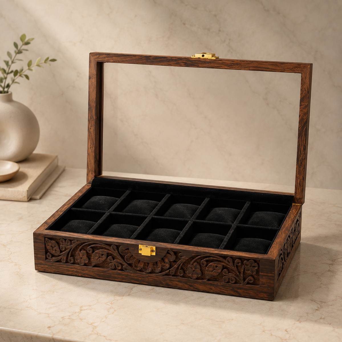 10 Watches - Carving - Glass Top - Black - Elegance Antique Store