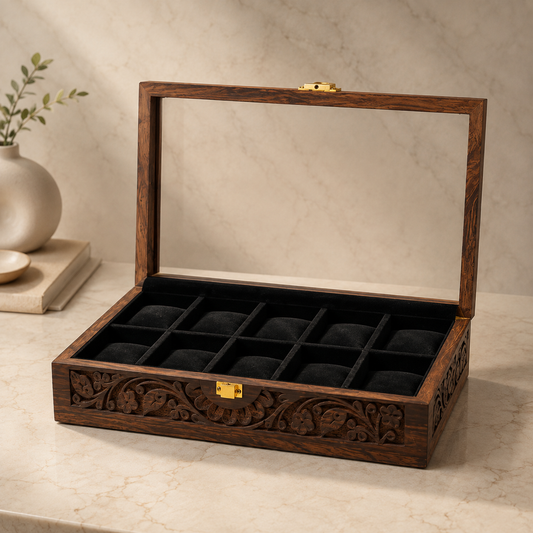 10 Watches - Carving - Glass Top - Black - Elegance Antique Store