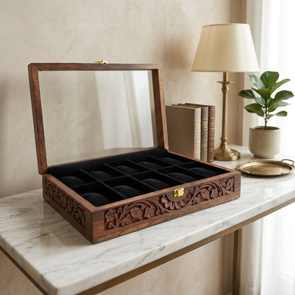 10 Watches - Carving - Glass Top - Black - Elegance Antique Store
