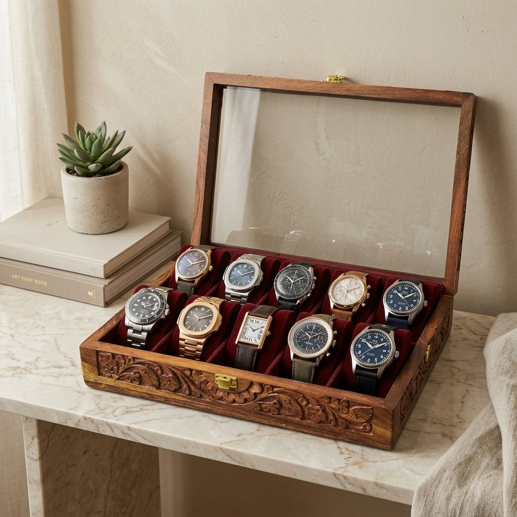 10 Watches - Carving - Glass Top - Hard Pillows - Elegance Antique Store