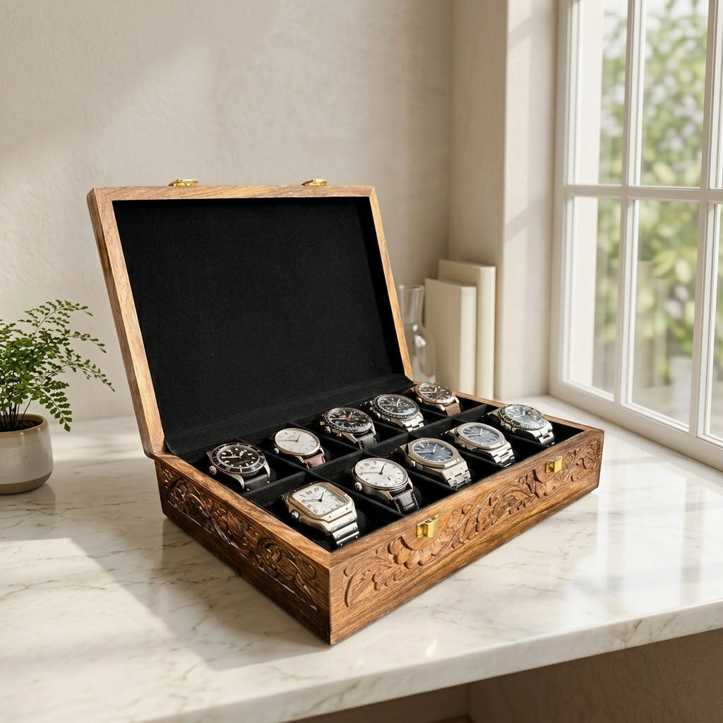 10 Watches - Carving - Wood Top - Black - Elegance Antique Store