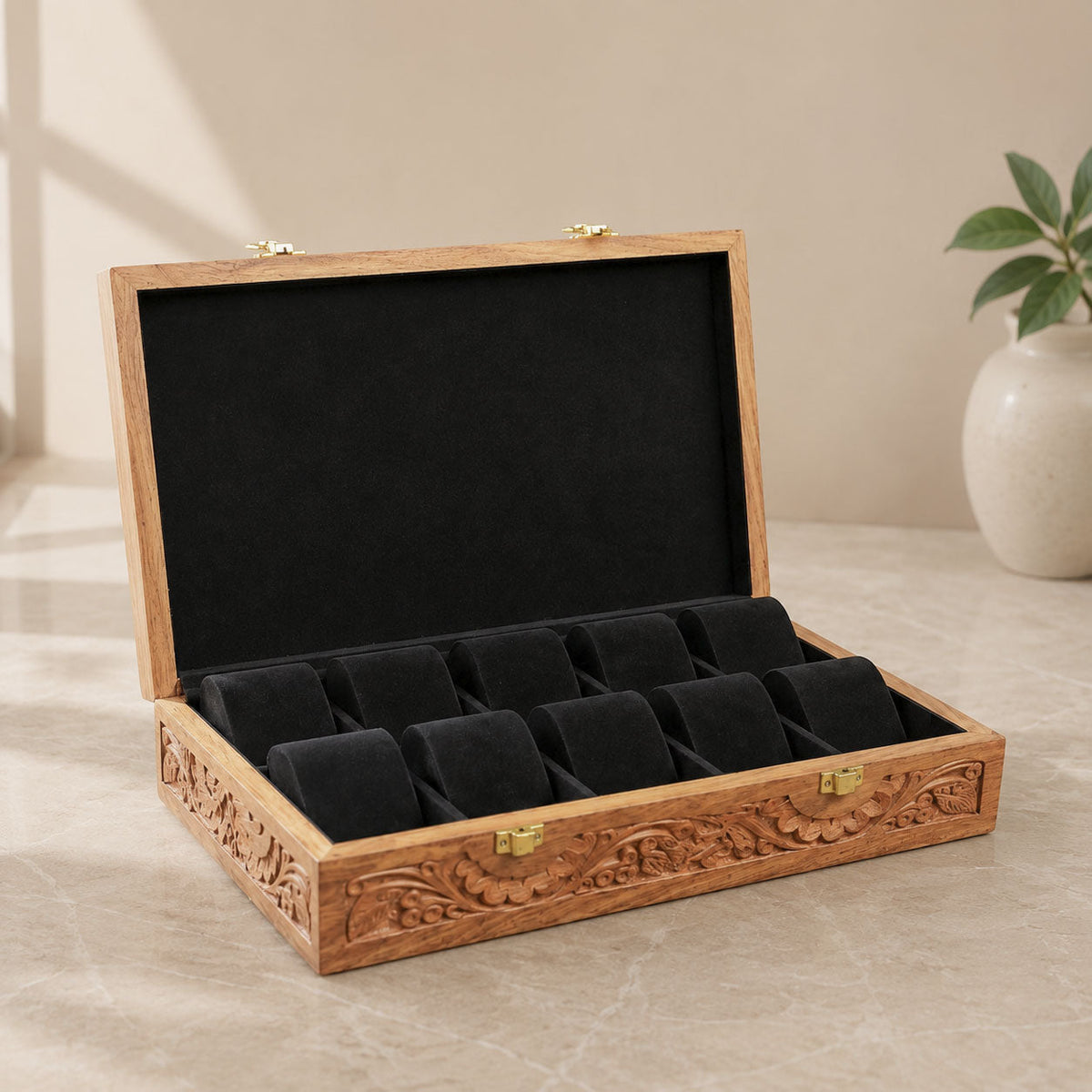 10 Watches - Carving - Wood Top - Hard Pillows Black - Elegance Antique Store