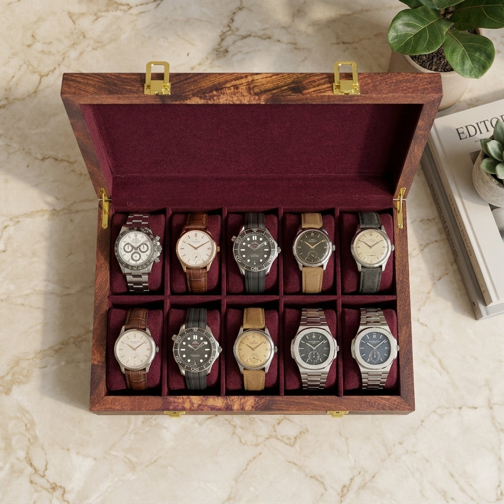 10 Watches - Golden Hinge - Wood Top - Elegance Antique Store