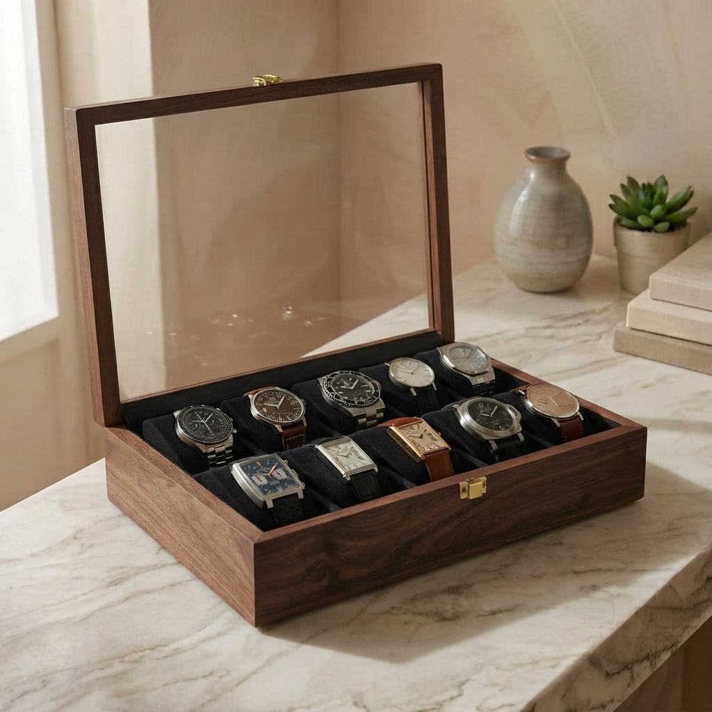 10 Watches - Plain - Glass Top - Black - Elegance Antique Store