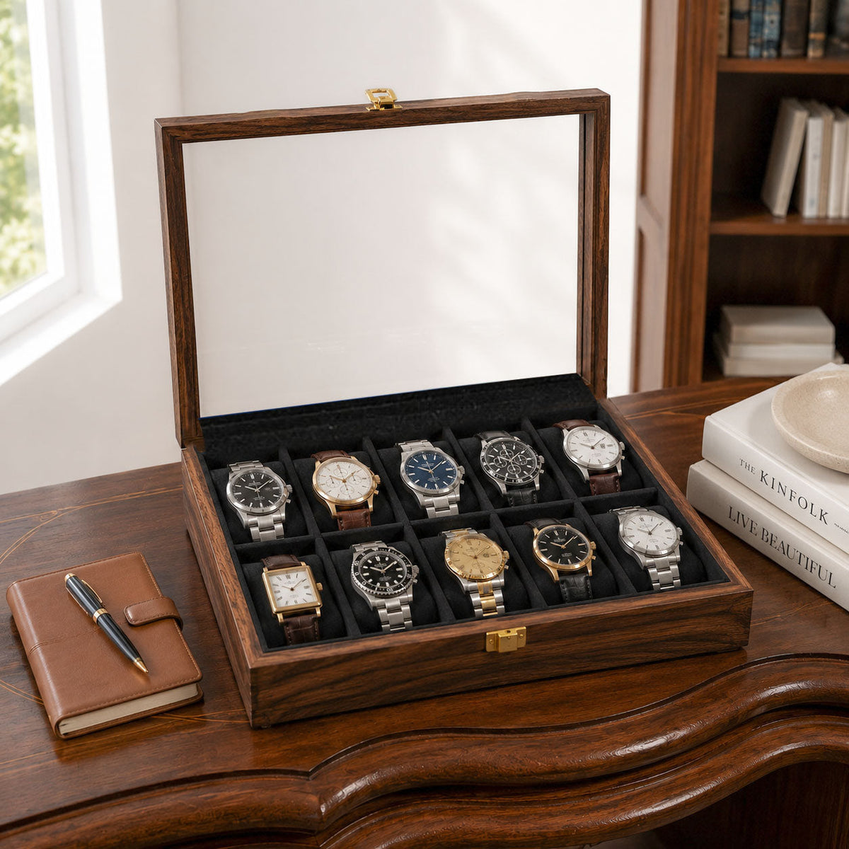 10 Watches - Plain - Glass Top - Black - Elegance Antique Store