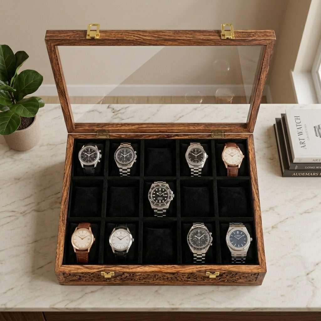 15 Watches - Carving - Glass Top - Black - Elegance Antique Store