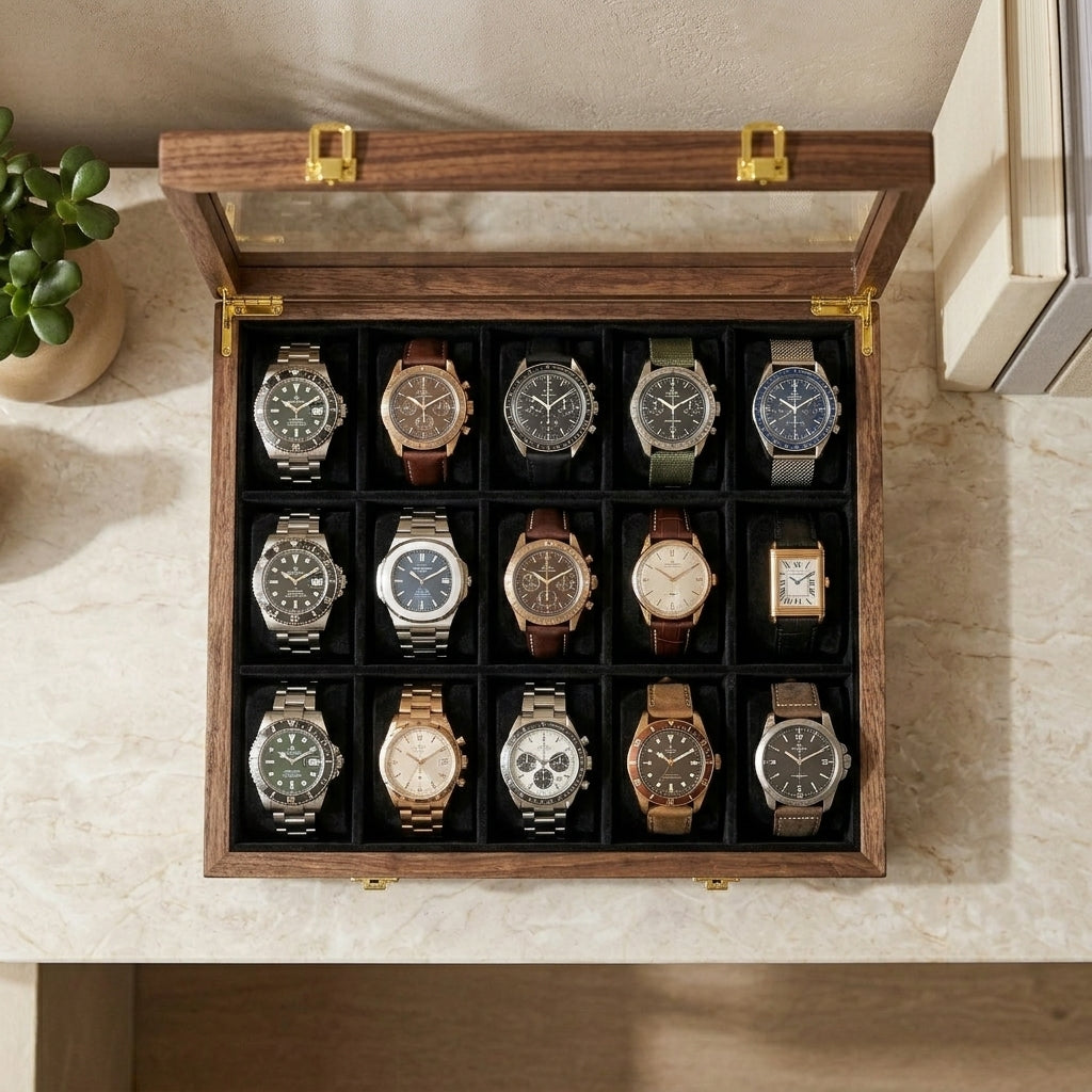 15 Watches - Golden Hinge - Glass Top - Black - Elegance Antique Store