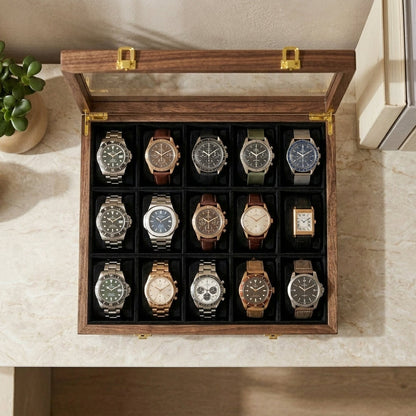 15 Watches - Golden Hinge - Glass Top - Black - Elegance Antique Store