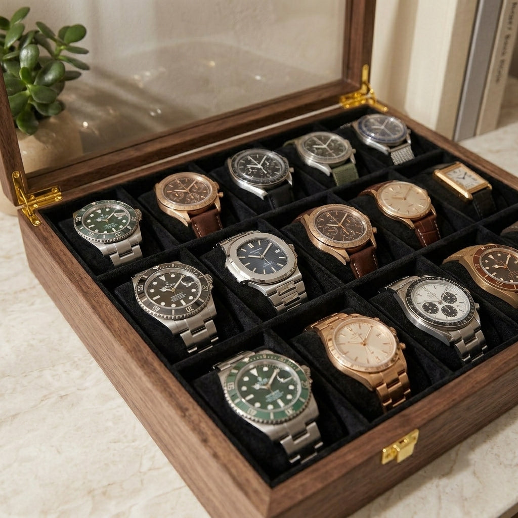15 Watches - Golden Hinge - Glass Top - Black - Elegance Antique Store