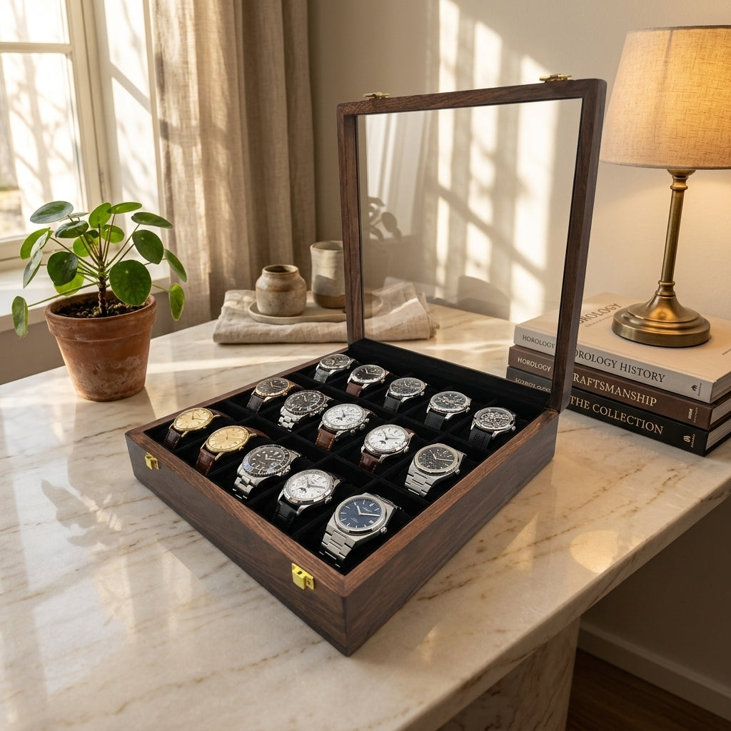 15 Watches - Plain - Glass Top - Black - Elegance Antique Store