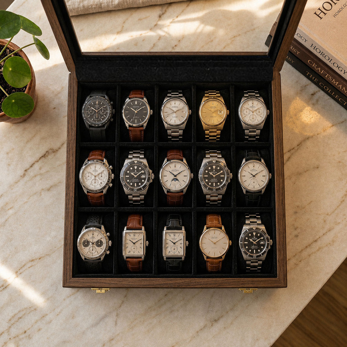15 Watches - Plain - Glass Top - Black - Elegance Antique Store