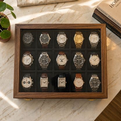 15 Watches - Plain - Glass Top - Black - Elegance Antique Store