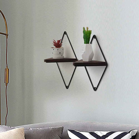 Farmhouse Floating Metal Solid Wood Living Lounge Drawing Room Shelves (Set of 2)