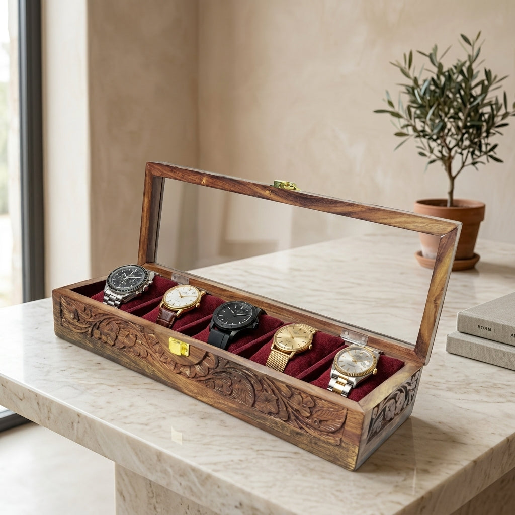 5 Watches - Carving - Glass Top - Elegance Antique Store