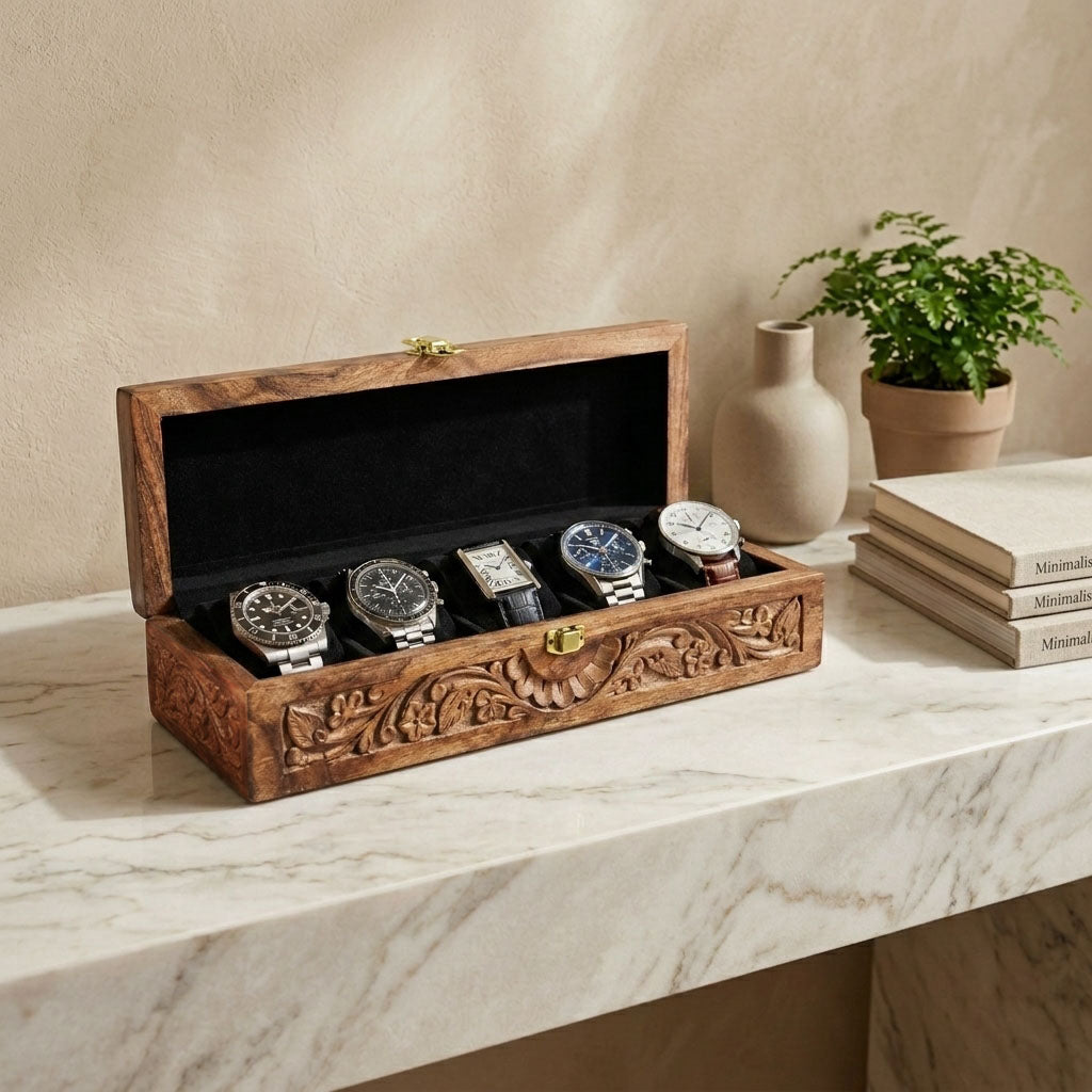 5 Watches - Carving - Wood Top - Black - Elegance Antique Store