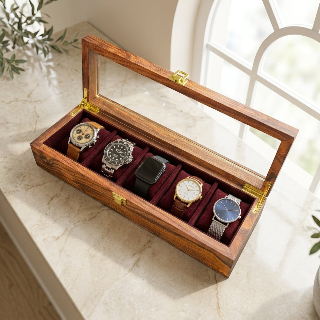 5 Watches - Golden Hinge - Glass Top - Elegance Antique Store