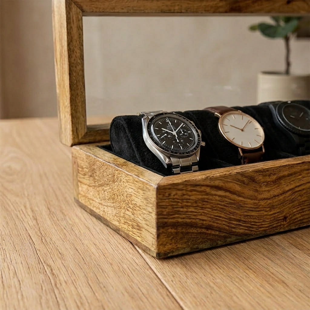 5 Watches - Plain - Glass Top - Black - Elegance Antique Store