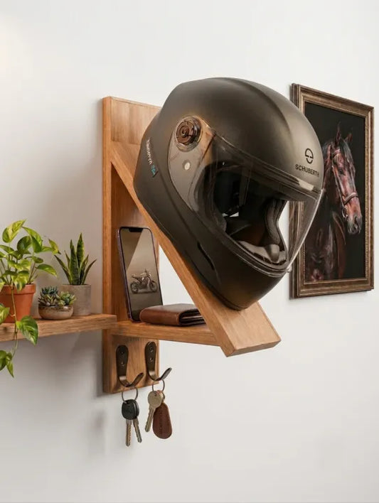 Wooden Helmet Stand & Storage Rack with Shelf