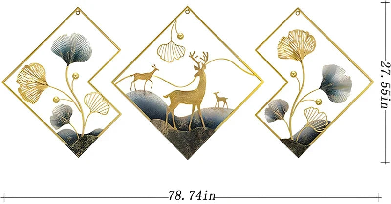 Deer Metal Wall Decor Gold Metal Wall Art 3 Piece Large Metal Art Wall Decor 3D Ginkgo Leaf 78x27in 