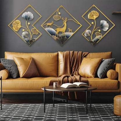 Deer Metal Wall Decor Gold Metal Wall Art 3 Piece Large Metal Art Wall Decor 3D Ginkgo Leaf 78x27in 