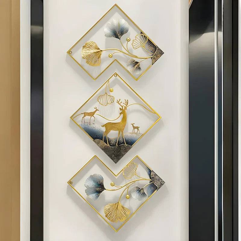 Deer Metal Wall Decor Gold Metal Wall Art 3 Piece Large Metal Art Wall Decor 3D Ginkgo Leaf 78x27in 