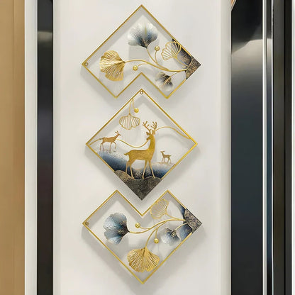 Deer Metal Wall Decor Gold Metal Wall Art 3 Piece Large Metal Art Wall Decor 3D Ginkgo Leaf 78x27in 