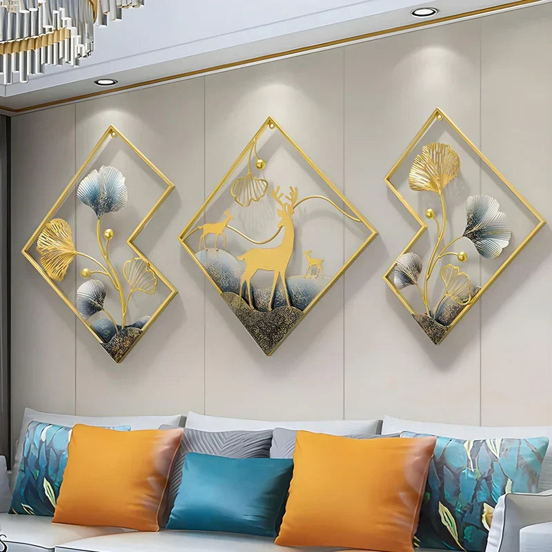 Deer Metal Wall Decor Gold Metal Wall Art 3 Piece Large Metal Art Wall Decor 3D Ginkgo Leaf 78x27in 