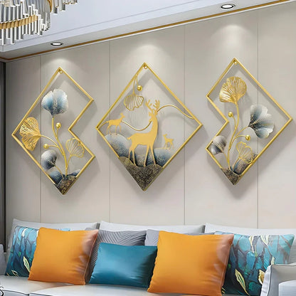 Deer Metal Wall Decor Gold Metal Wall Art 3 Piece Large Metal Art Wall Decor 3D Ginkgo Leaf 78x27in 