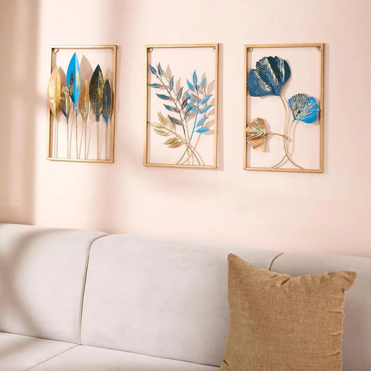 Gold Color Metal Wall Decor Leaf Wall Hanging Decoration, Set of 3 Metal Wall