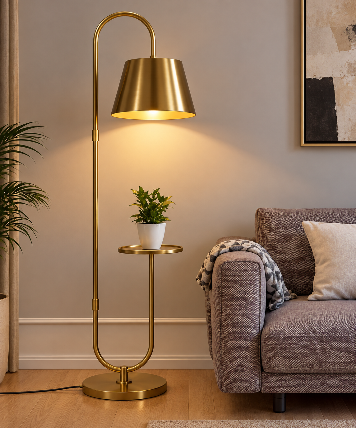 Lamp Stand Antique Brass Gold Finish 5 Feet Height 10 Inch Wide Mirror with White Lamp (1 White) LED, Lamp, CFL, Smart Bulbs