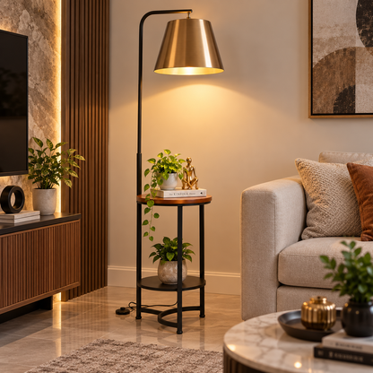 End Table with Lamp, Home Iron Floor Lamp, Floor Lamp with Storage Shelves