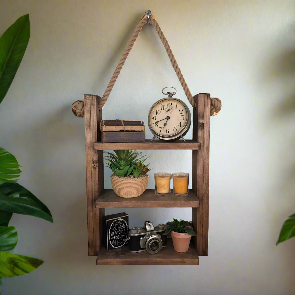 Rustic Wall Wood and Rope Ladder Shelf