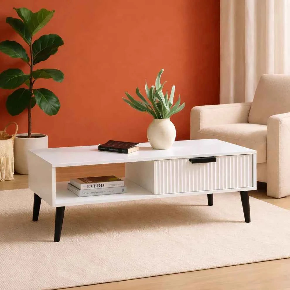GrandVista Solid Wood Coffee Table with Drawer & Open Shelf Storage