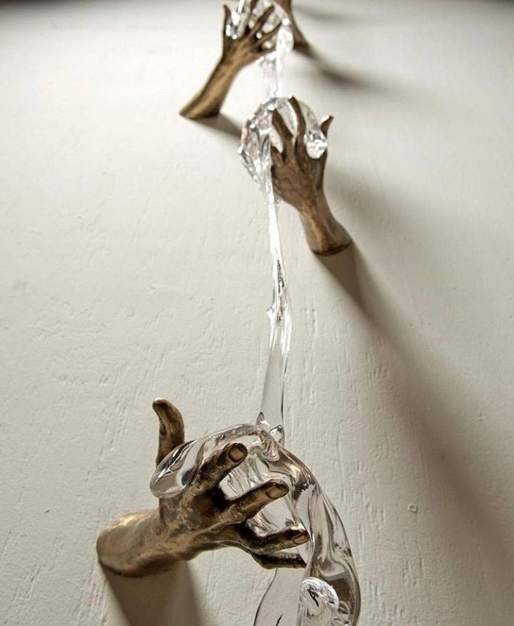 Bronze Hand Dripping Glass Water Wall Sculpture