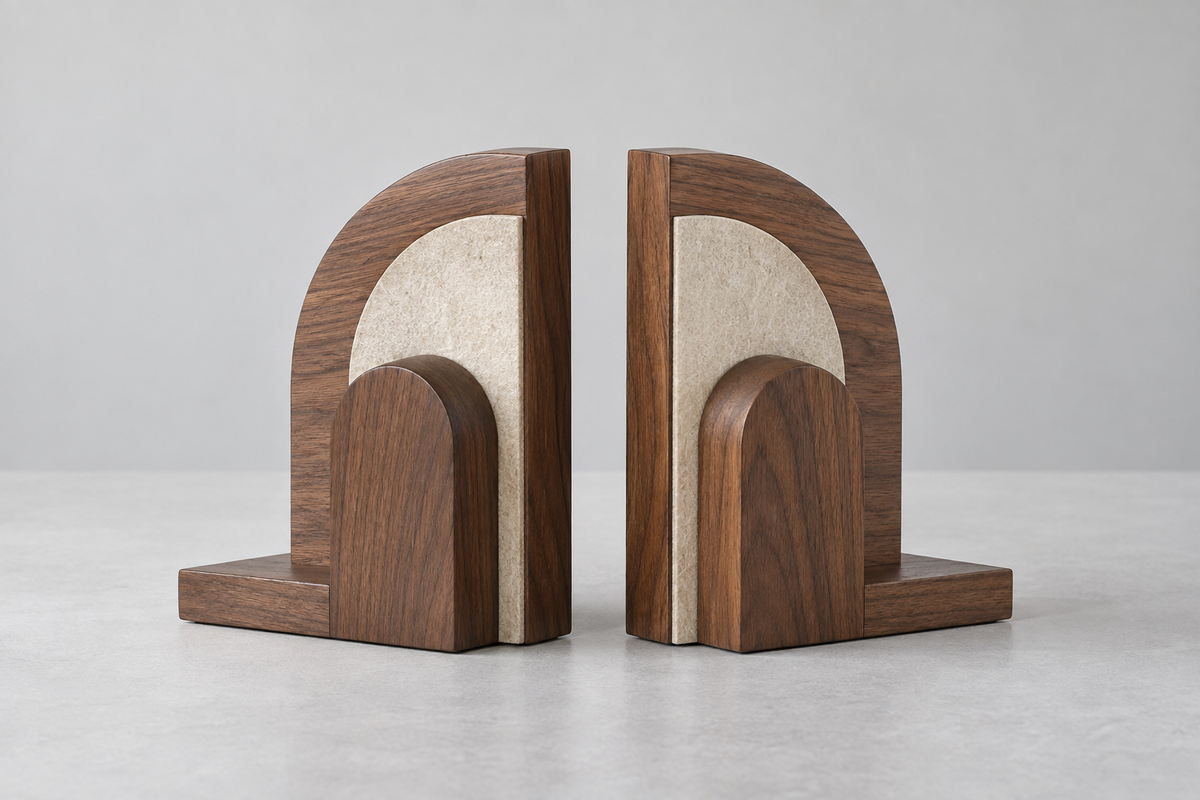 Decorative wooden bookends pair on light grey background