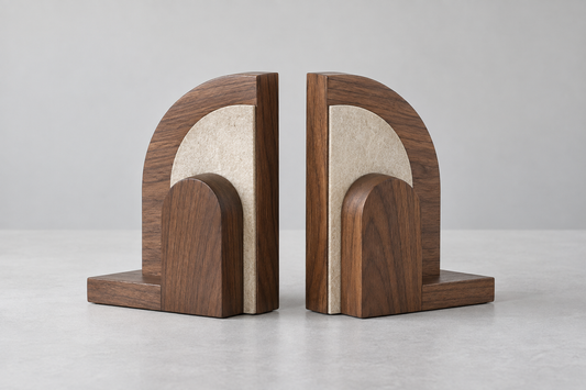 Decorative wooden bookends pair on light grey background