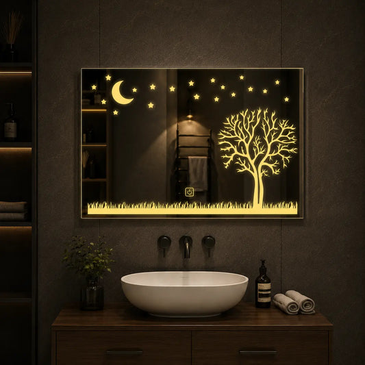Decorative LED Bathroom Mirror with Tree & Moon Design