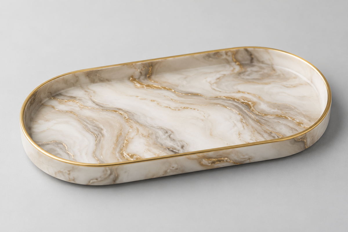Decorative resin tray on light grey background