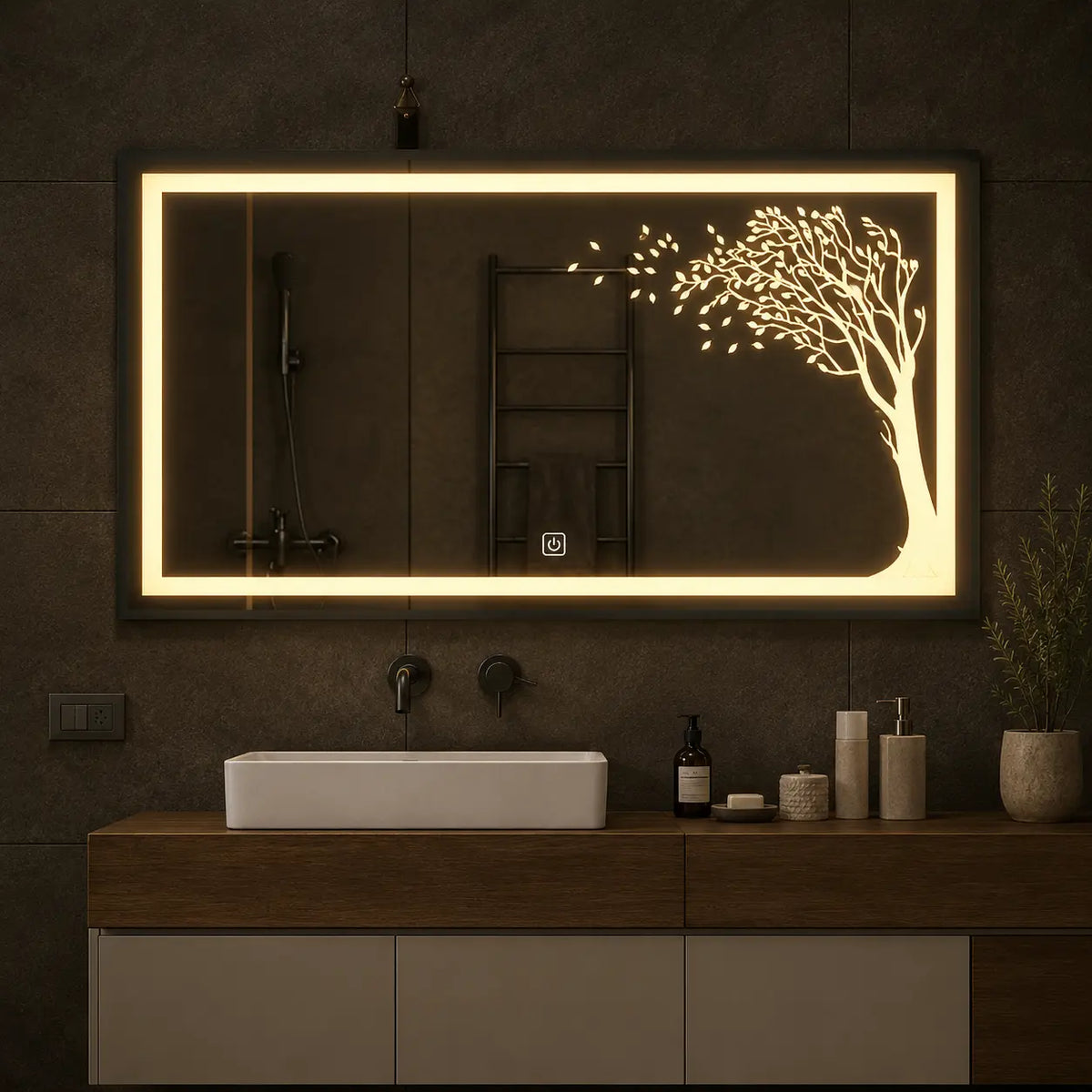Decorative Wall Mirror with LED Tree Light Design