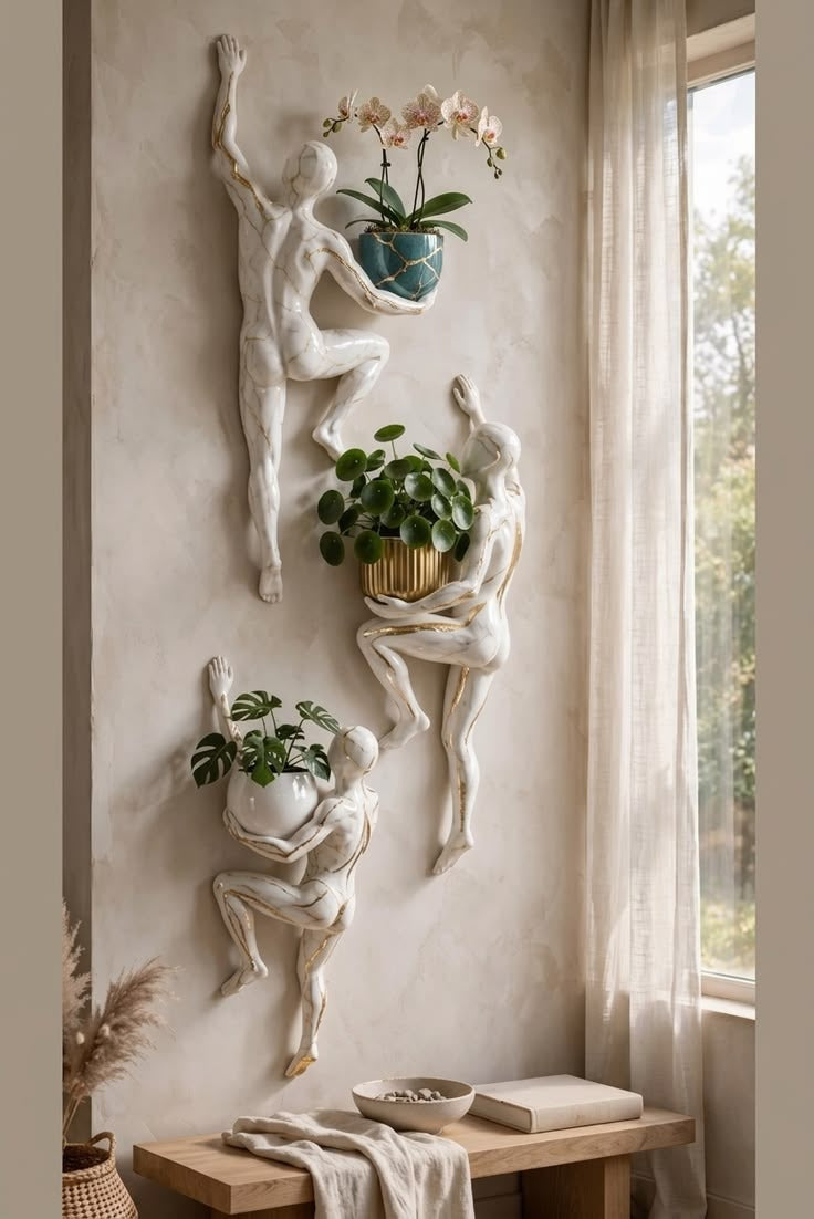 Marble Gold Accent Climbing Man Wall Sculptures