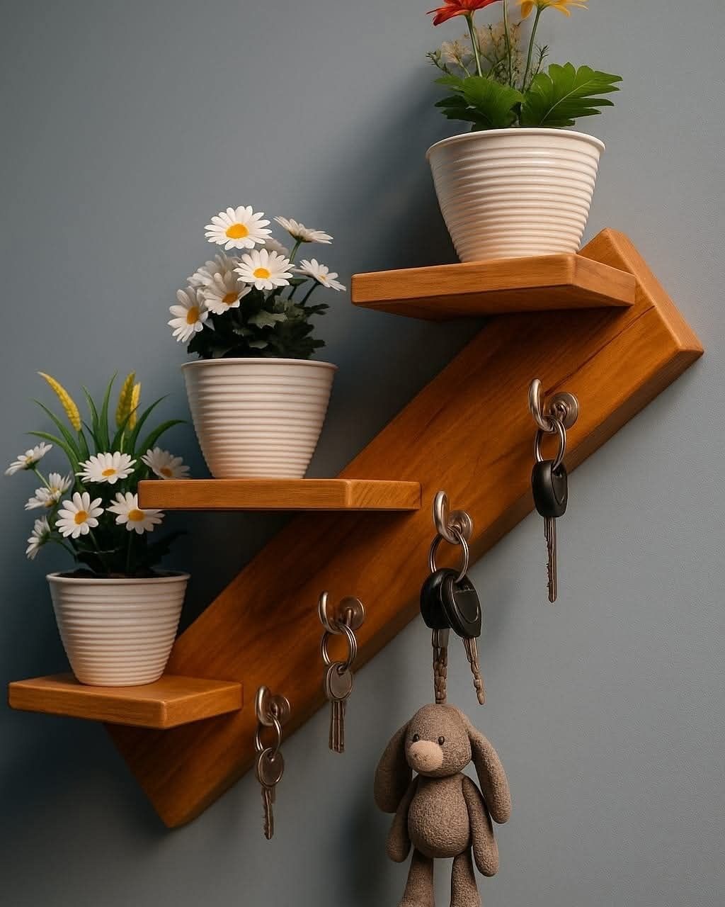 Wooden Diagonal Key Holder Wall Shelf