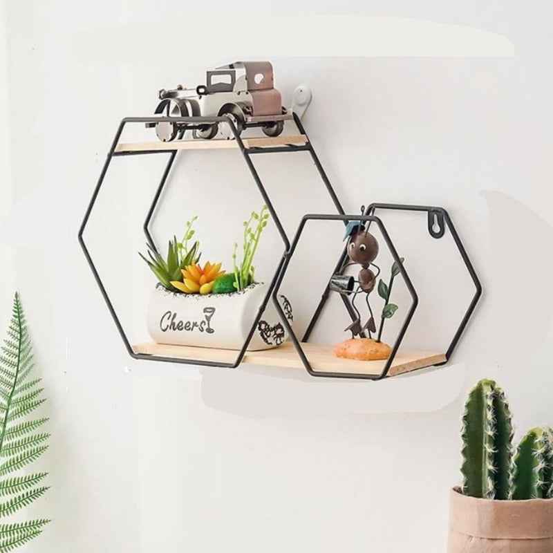 Wall Floating Hexy Floating Metal Frame Solid Wood Shelf Decor - Special