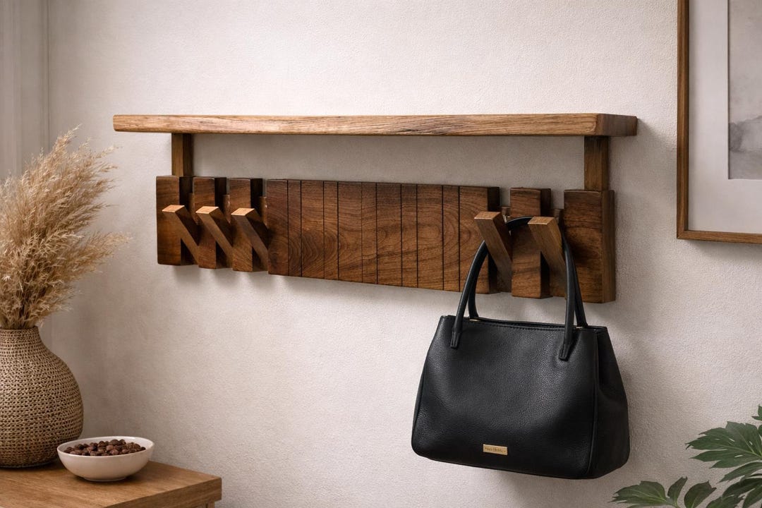 Solid Walnut Piano Coat Rack with Display Shelf