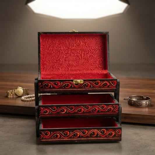 Handcrafted Wooden Jewelry Box with Velvet Lining & 2 Drawers – Decorative Organizer for Jewelry & K