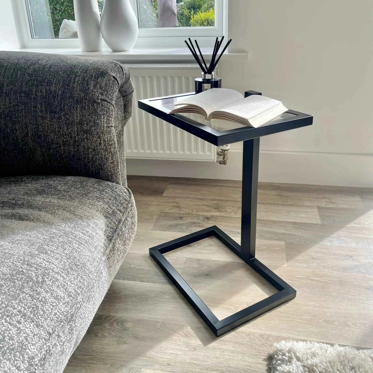 Sora Slide Modern Side Table Glass Metal Sofa Laptop Table